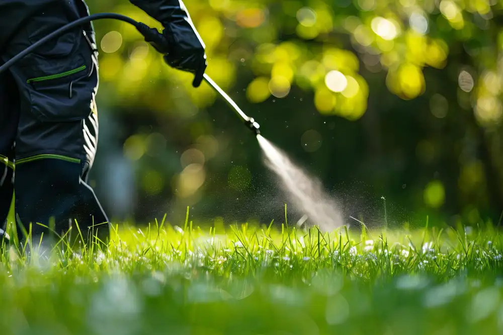 A gardener fertilising the lawn with a spray nozzle.