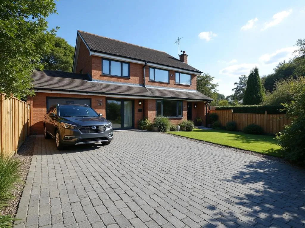 Clean block paving driveway and well maintained lawn
