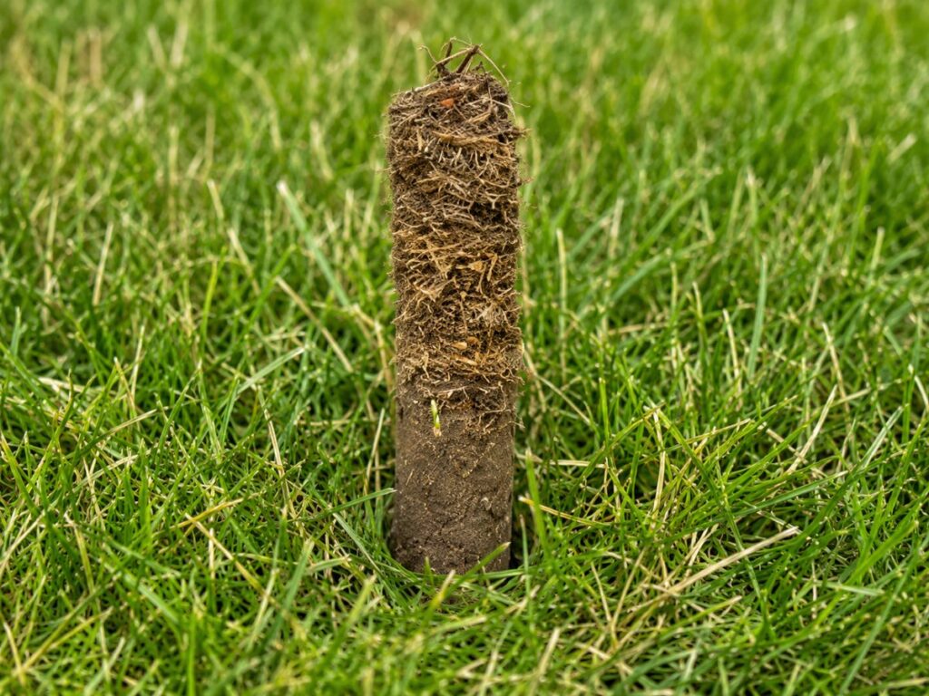 Soil core removed from a lawn during hollow tine aeration in Wakefield